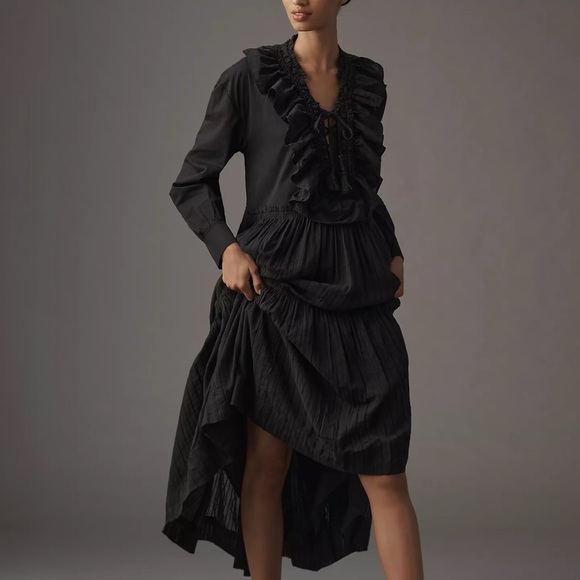 NWT Anthropologie Pilcro Ruffled Tiered Midi Dress Black M Medium Pockets